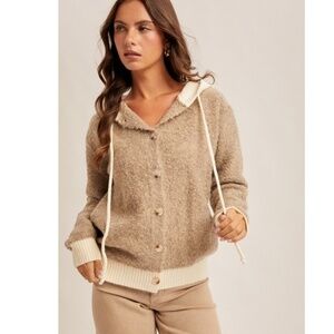 "The Harper" Mocha Button Down Boucle Hooded Sweater